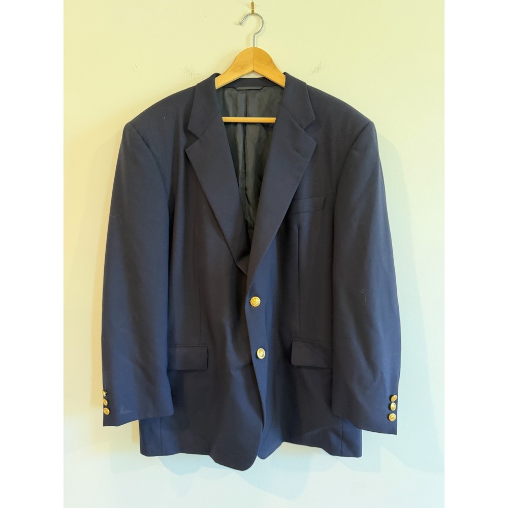 Hickey Freeman Mens 44R Navy Blue Gold Button 100% Wool Blazer Oakbrook EUC